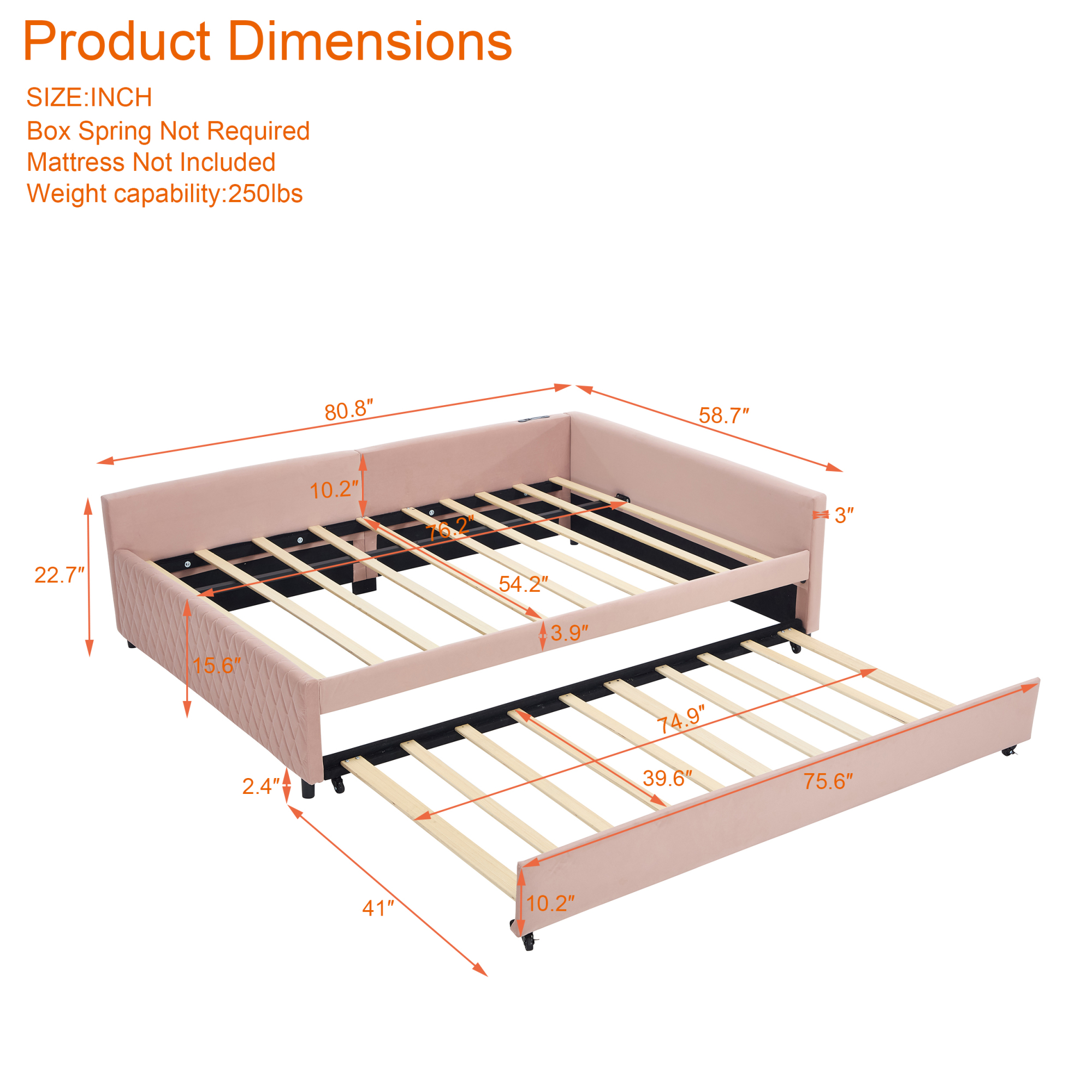 Leumius Upholstered Daybed with Trundle,Sturdy Wooden Bed Frame, Modern Diamond Grid Design for Bedroom Guest Room (Pink)