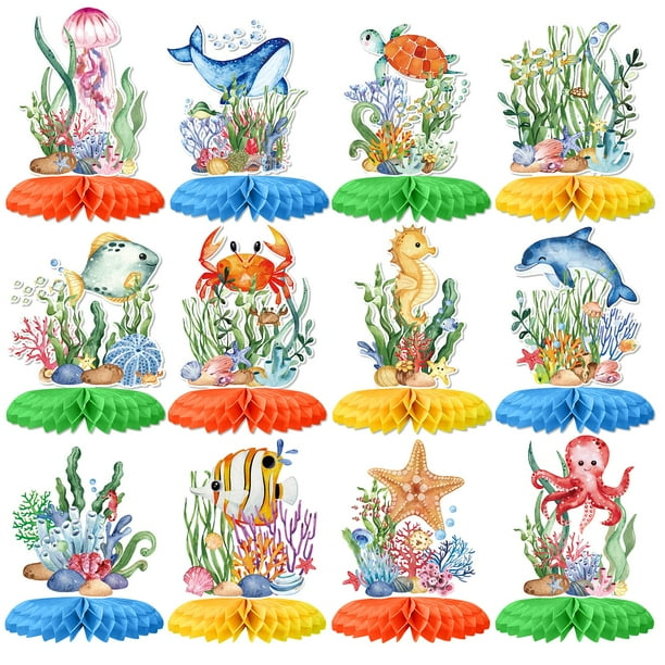 12 centros de mesa en forma de panal de abeja con animales marinos y oceánicos para decoración de fiesta