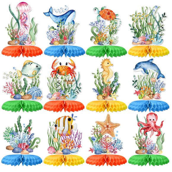 12 centros de mesa en forma de panal de abeja con animales marinos y oceánicos para decoración de fiesta