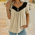 thumbnail image 4 of QUNYINEY V Neck Womens Spring Tops Casual Colorblock Short Sleeve Shirts Loose Plus Size Pullover Pleated Button Tops, 4 of 8