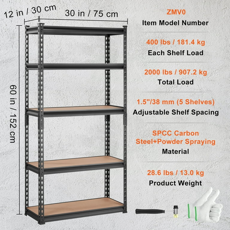 King's Rack 5-Tier Black Steel Storage Rack Boltless Shelving Tier Height Adjustable 30 W x 12 D x 60 H.