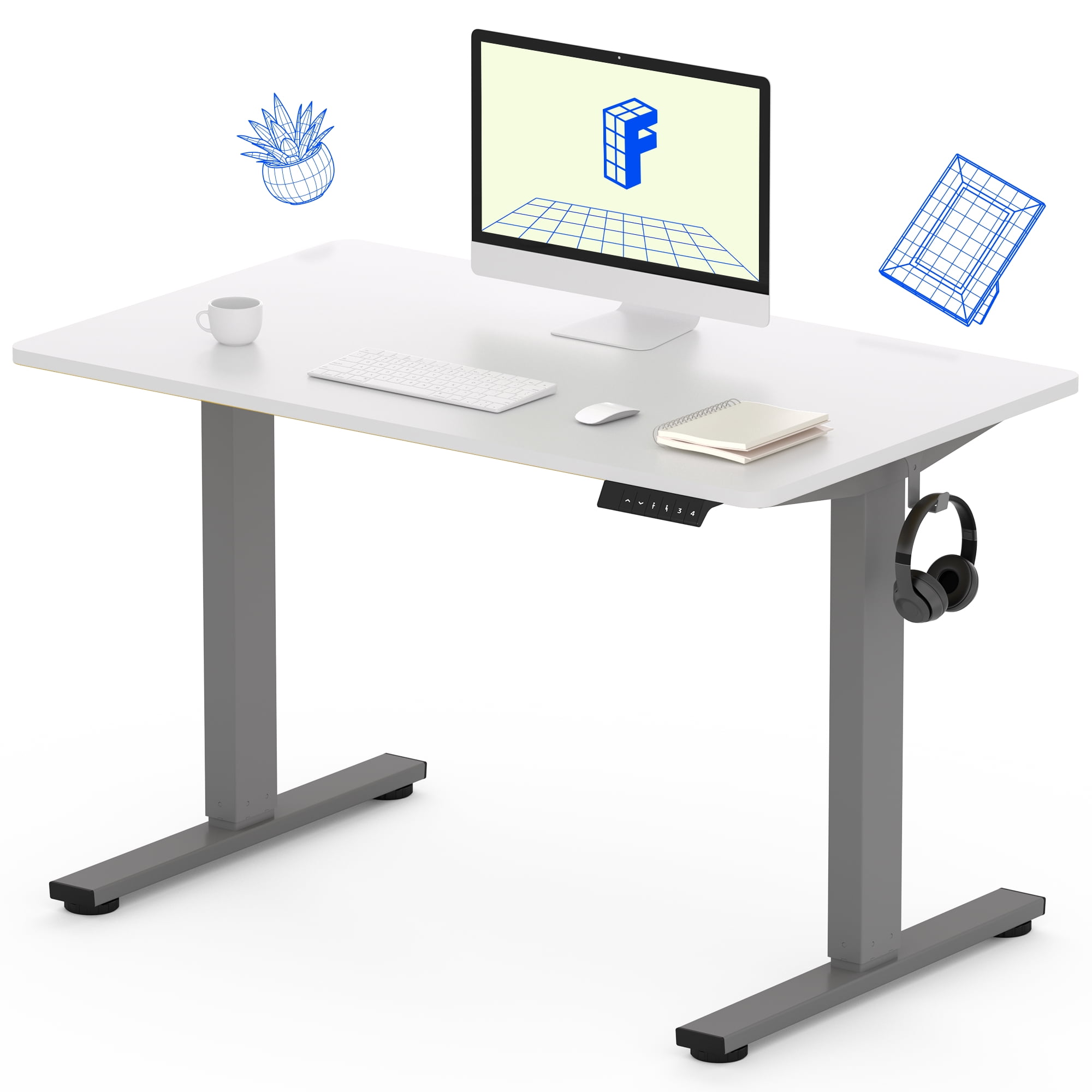 FLEXISPOT 40"x24" Home Office Height Adjustable Standing Desk with Hooks, Ergonomic Electric 2-Stage Stand Up Computer Desk, Gray and White