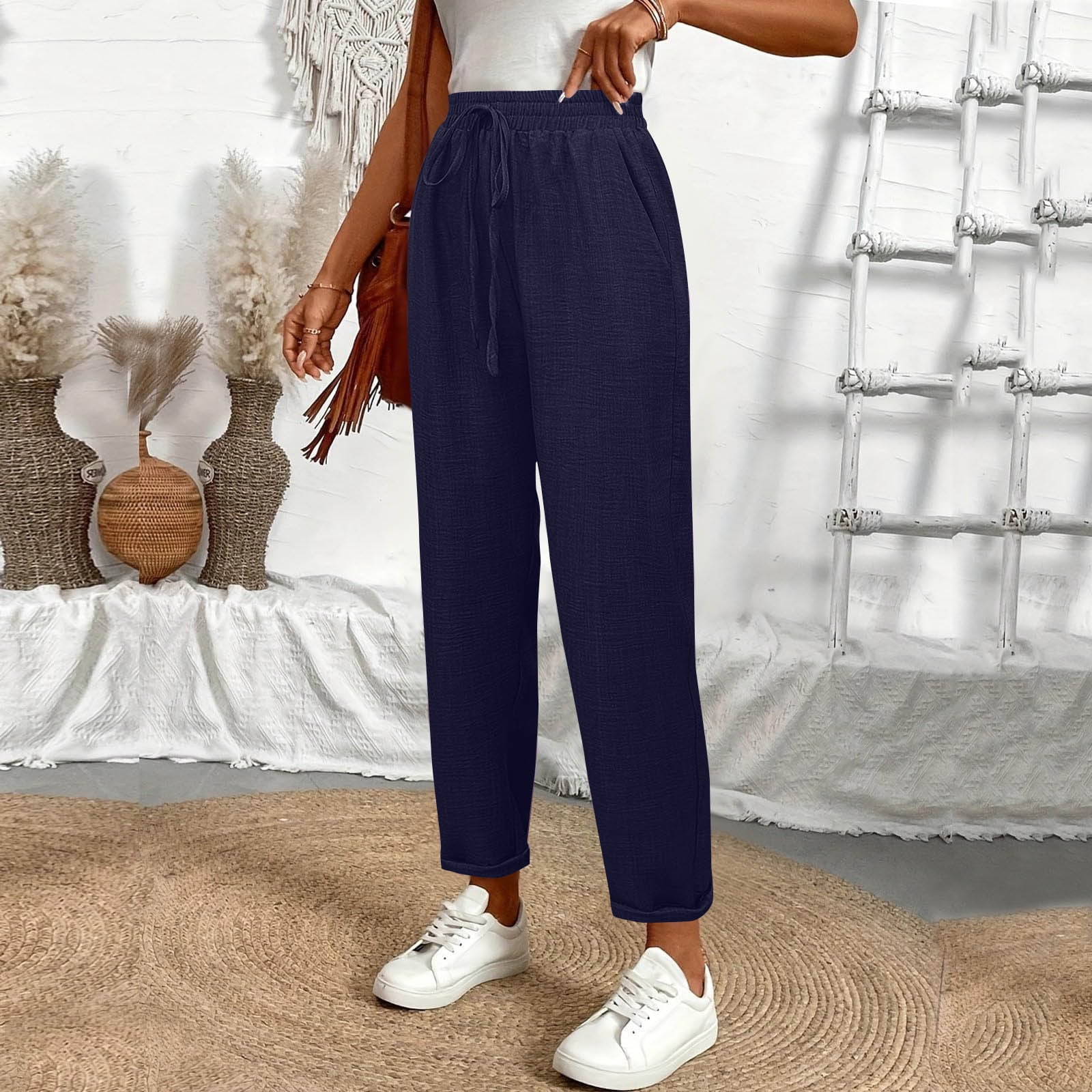 Lightweight Tapered Pants Women, Wide Leg Elastic Waist Loose