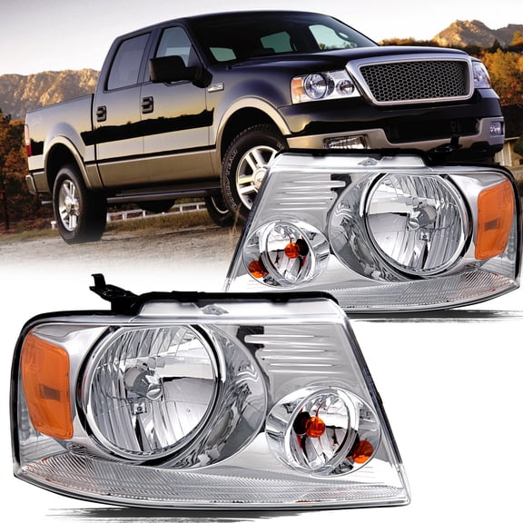 For 2004-2008 Ford F150 Chrome Housing Amber Corner Headlights Lamps Pair L R