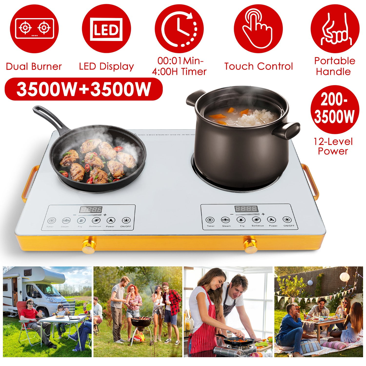 7000W Double Burner Electric Cooktop 110V with 2x3500W Fast Heating Hot Plates, 4 Preset Cooking Modes, 11 Power Levels, Portable Handles, Glass