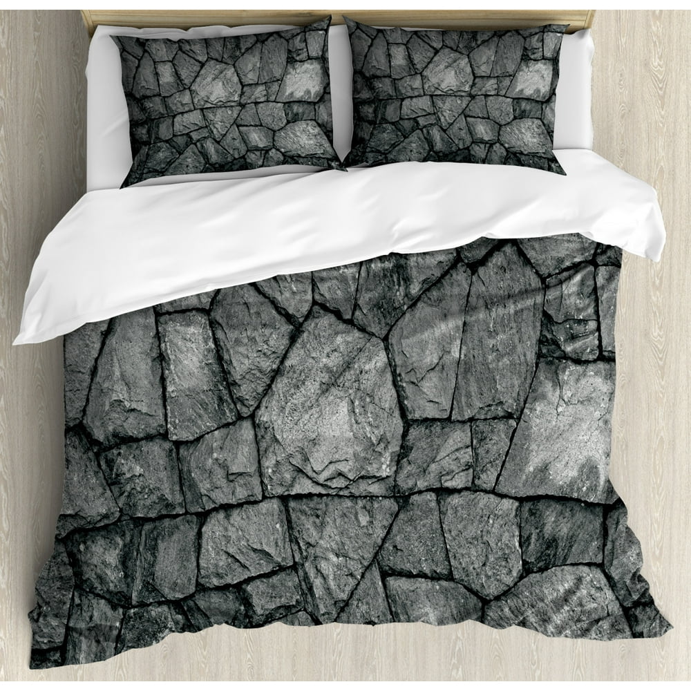 Grey Duvet Cover Set, Stone Wall Texture Image Rough Rusty Blocks Obsolete Structure Antique