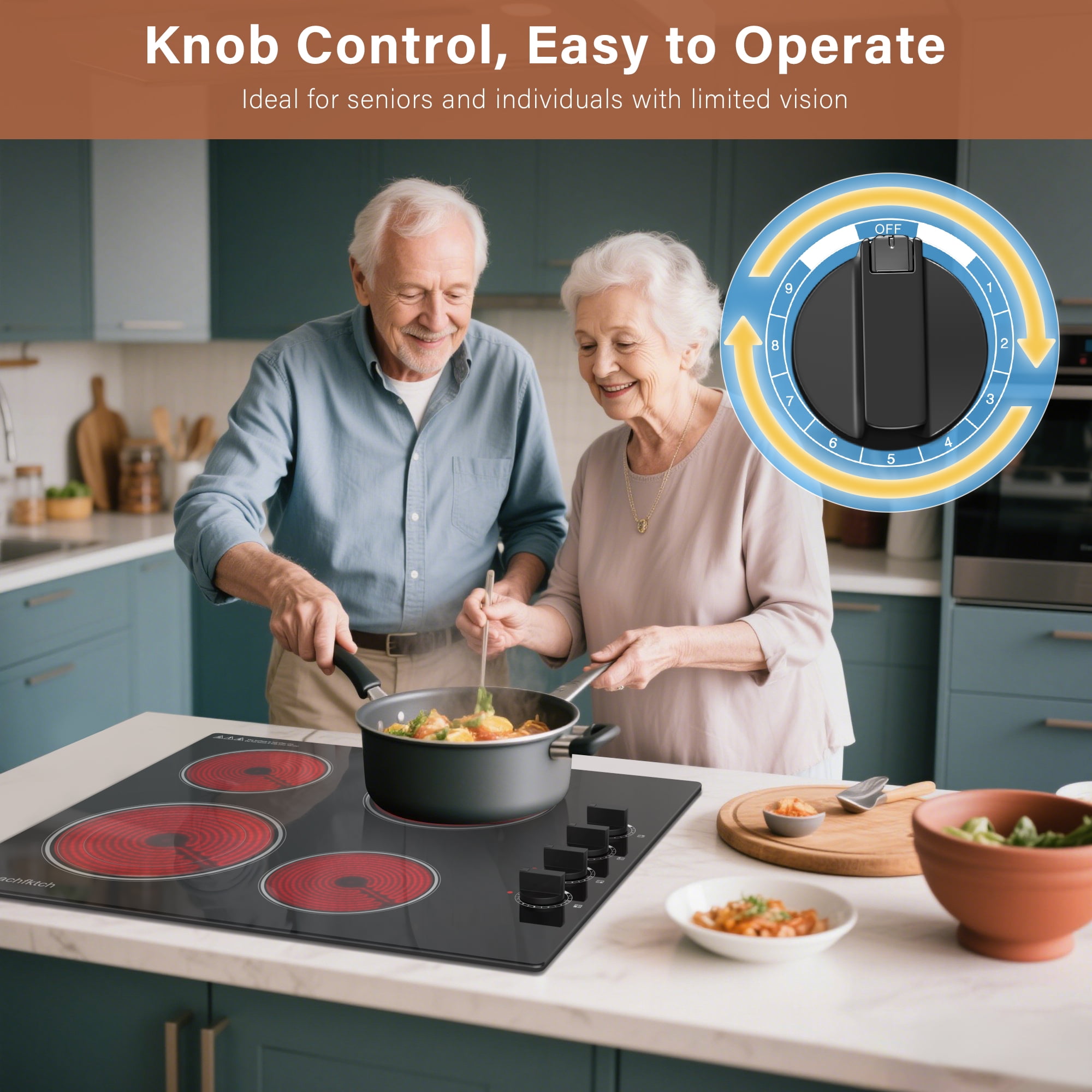 24" Built-In Electric Cooktop 6700W 4-Burner, Radiation-Free Ceramic Glass, Knob Control & 9 Levels, All Cookware, Easy Clean‌