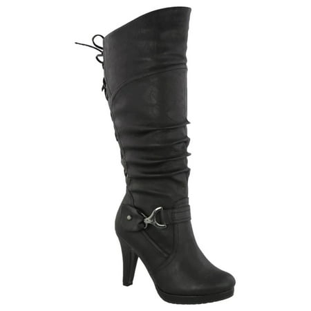 

Women Leather Back Lace Knee High Mid Heel Boot