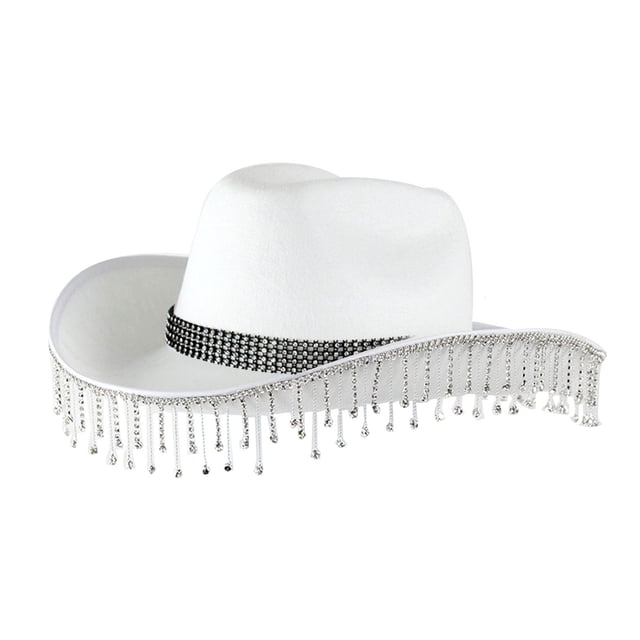 WEIYLL Womens Mens Cowboy Hat Ladies Solid Color Party Rhinestone Fringe Wedding Top Western Cow Wide Brim Sun Cap
