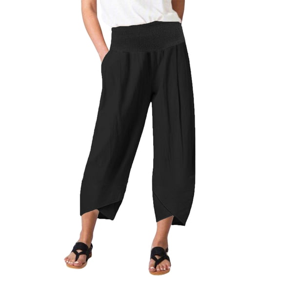 AherBiu Cotton Linen Pants for Women Smocked High Waist Casual Loose Lightweight Wrap Slit Lounge Pants