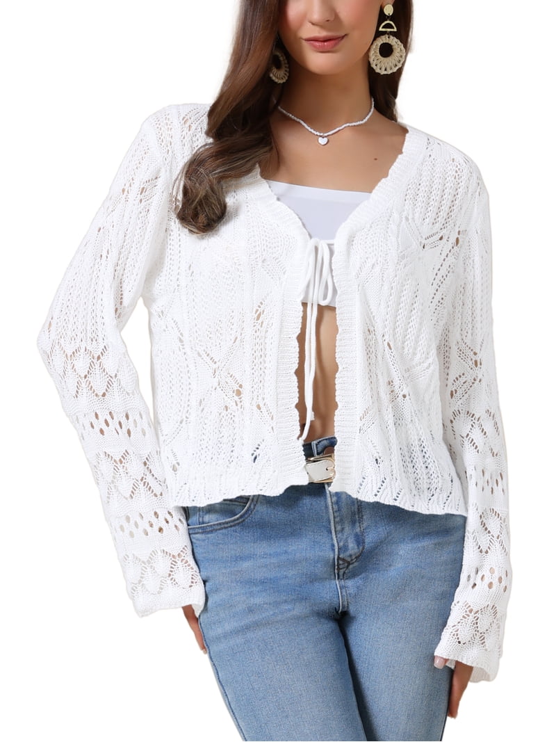 INSPIRE CHIC Women's Boho Crochet Cardigan Tie Front Long Sleeve