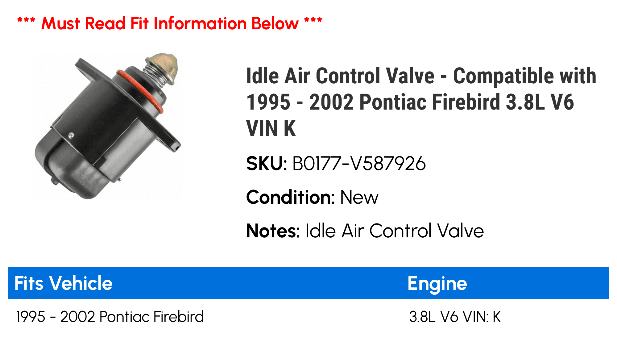 Idle Air Control Valve - Compatible with 1995 - 2002 Pontiac Firebird 3.8L V6 VIN K 1996 1997 1998 1999 2000 2001
