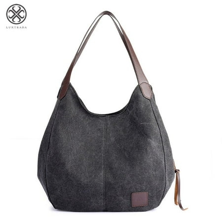 Luxtrada Fashion Women s Multi-pocket Cotton Canvas Handbags Shoulder Bags Totes Purses (Black)