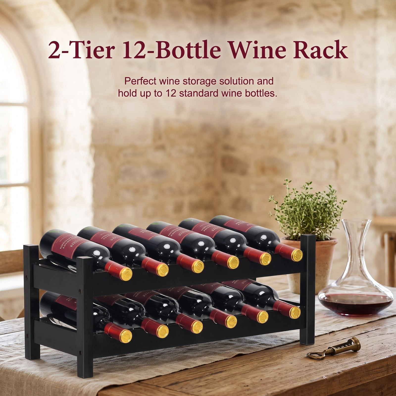 RUIE 2-Tier Bamboo Wine Rack, 12-Bottle Freestanding Countertop Storage Shelf for Kitchen Pantry Bar Wine Cellar, Space-Saving Wooden Bottle Holder Display, Black