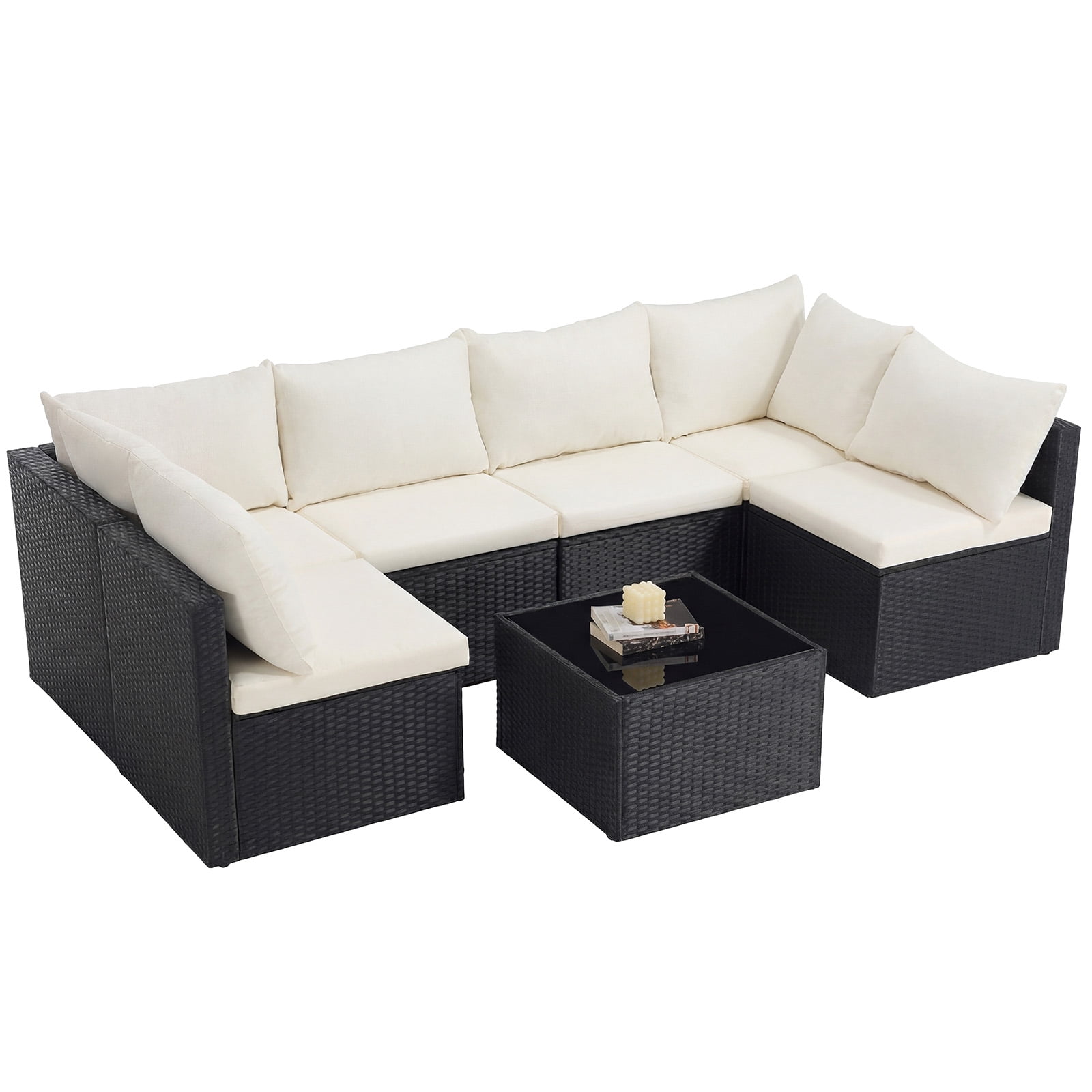 SHOUFTW 7 Piece Patio Furniture Set, Outdoor Wicker Sectional Sofa with Cushions and Glass Table, Black and Beige