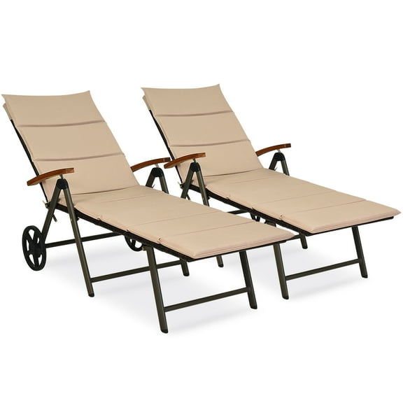 Patiojoy 2PCS Folding Outdoor Rattan Chaise Lounge Chair Cushioned Recliner with Wheels&Brown Cushion