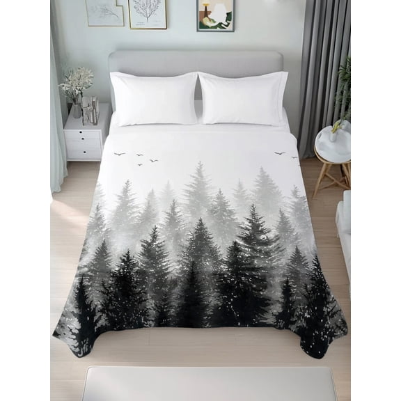Queen Size Flat Sheet Only,Watercolor Forest Pine Tree Soft Top Bed Sheets Breathable Bedding Sheet Winter Trees Flying Bird Black White Microfiber Hotel Luxury Top Sheets