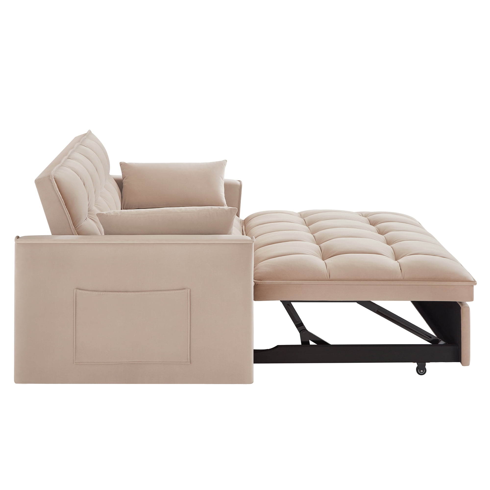 3 in 1 Convertible Sleeper Sofa Bed, 53" Modern Convertible Sofa Bed with 2 Detachable Arm Pockets,Velvet Pull Out Couch with Pull Out Bed for Living Room Furniture,Taupe