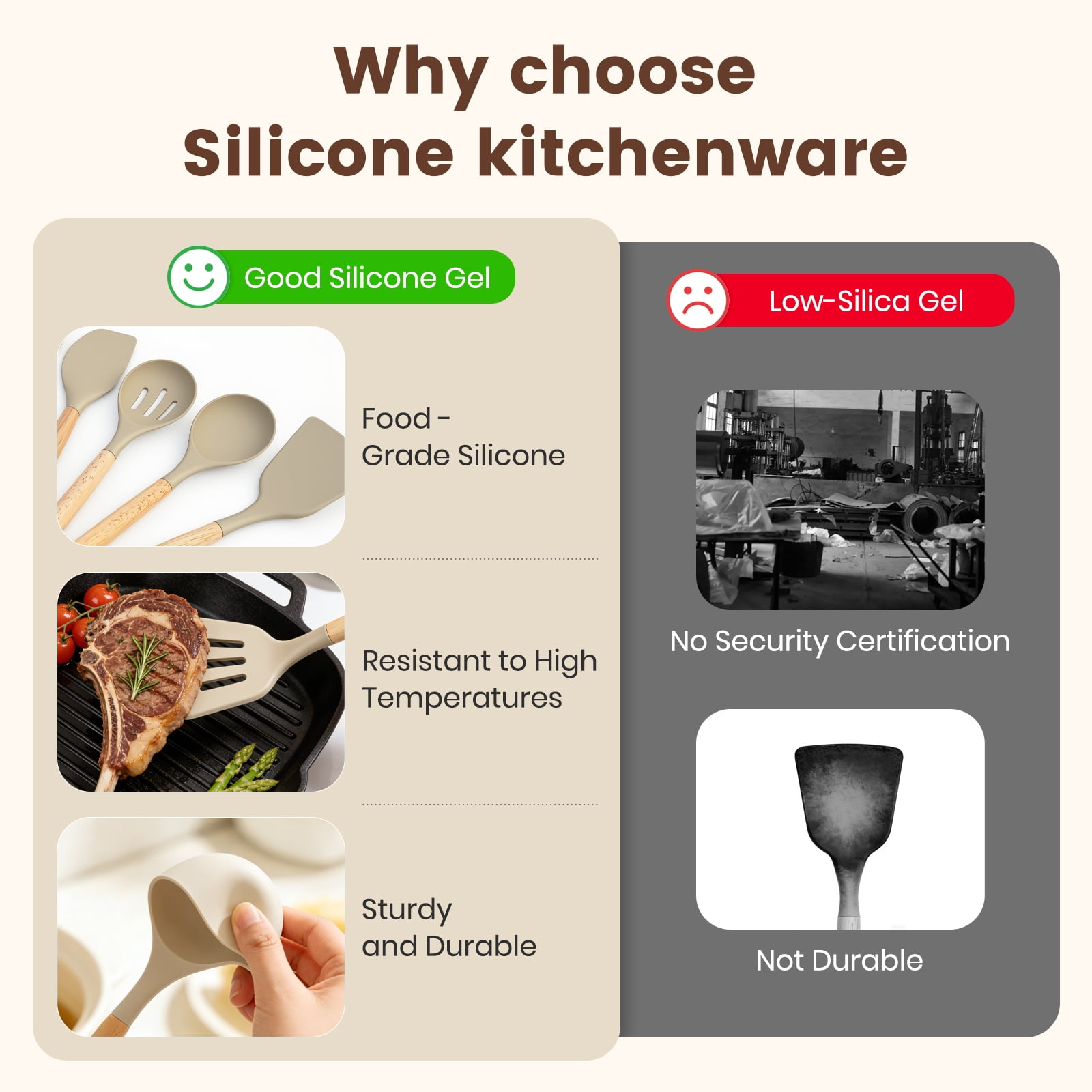 Silicone Cooking Utensils Set, Kitchen Utensils Set 38 Pcs for Cooking, Nonstick Kitchen Utensils Cookware Set Spatula Set, Khaki