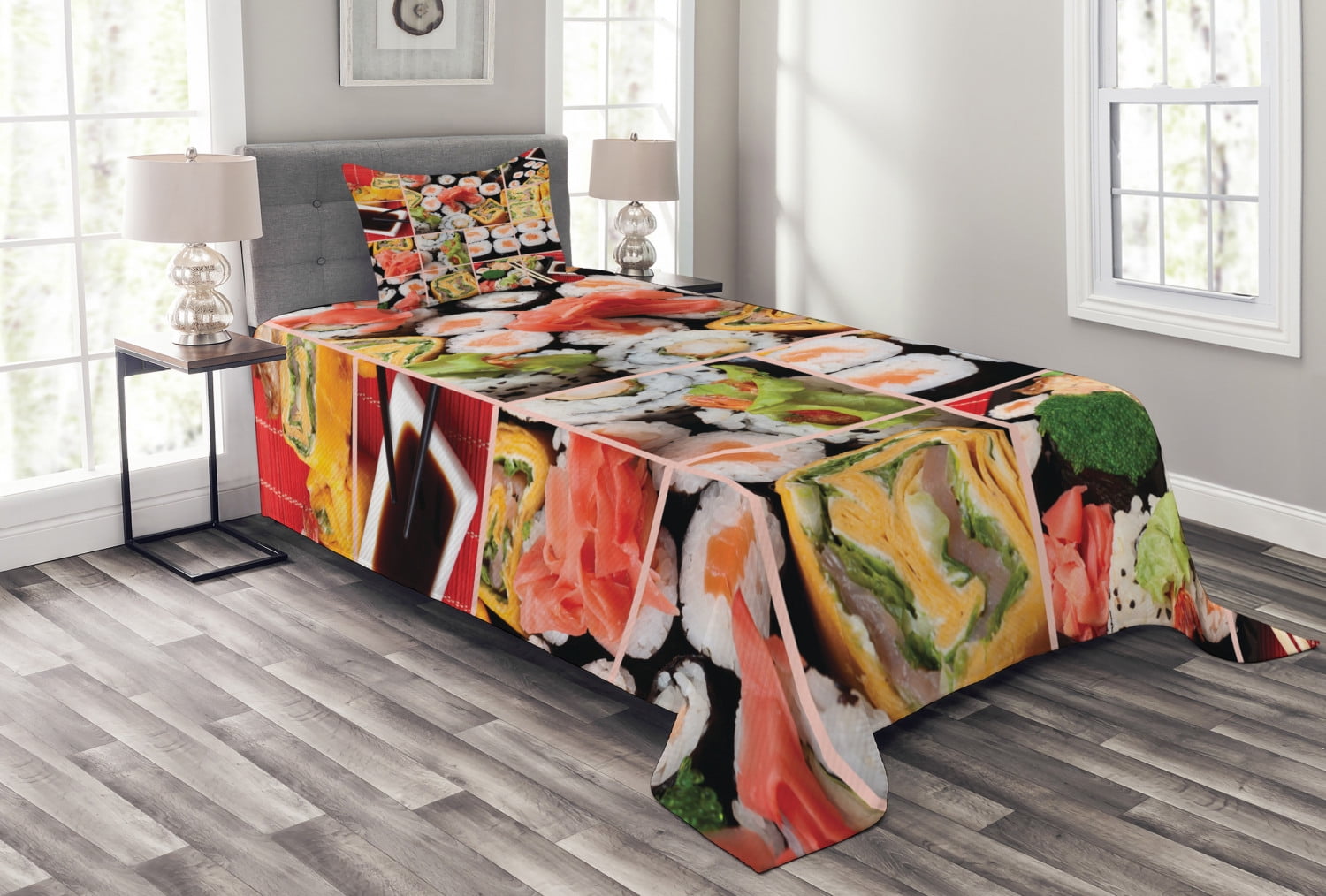 Japanese Bedspread Set Twin Size, Cuisine Asian Sushi Fish Raw Meat