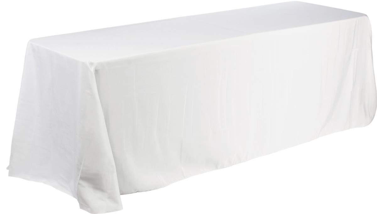 White Tablecloth Completely Covers 4 Sides of a 6Foot Long Rectangular