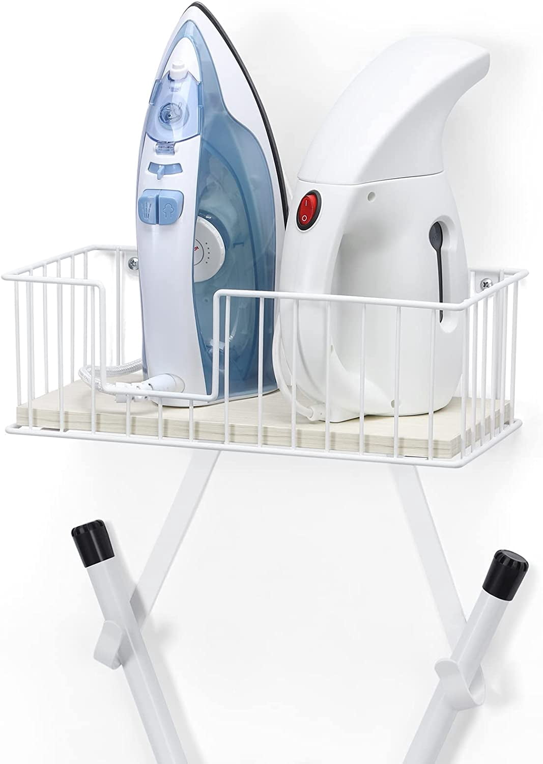Wall Mounted Ironing Board Hanger for Y-Leg with Storage Basket, White