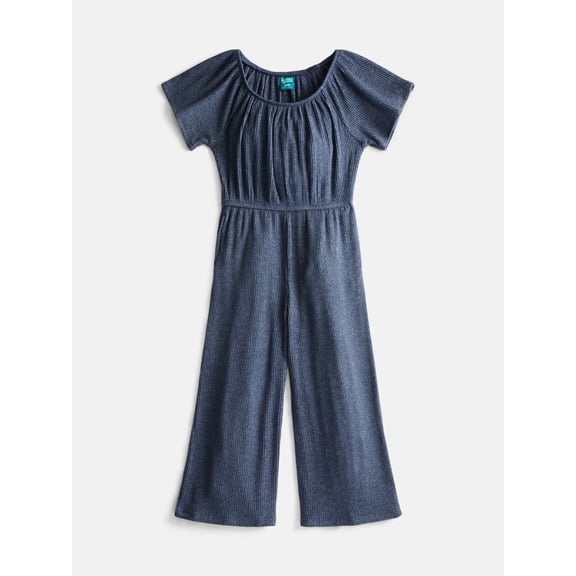 Wonder Nation Girls Ribbed Knit Wide Leg Jumpsuit with Short Sleeves, Sizes 4-18
