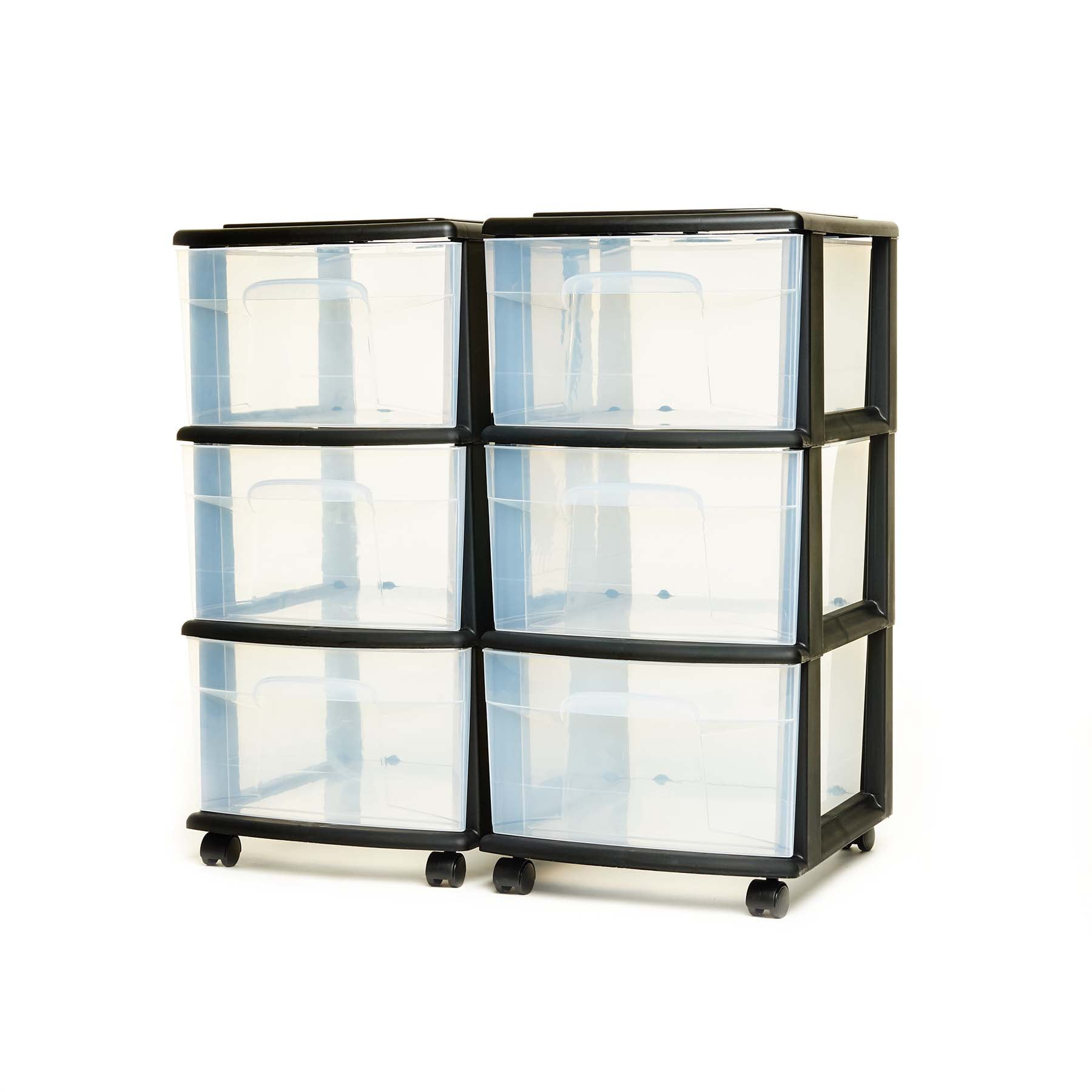 Homz 3 Drawer Medium Cart with Casters, Black Plastic Frame with Clear