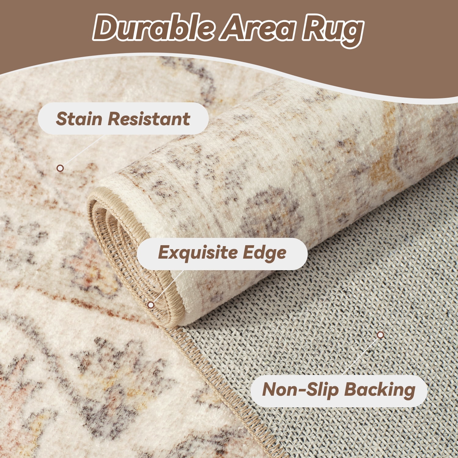 FEELHOME 5'x7' Area Rug Machine Washable Soft Vintage Distressed Non Slip Carpet for Living Room Bedroom Dining Room Taupe