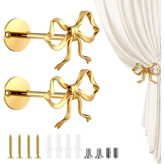 2 Pcs Metal Bow Curtain Holdbacks, Gold Curtain Tiebacks Wall Mounted for Office, Girls Bedroom Living Room Home Decorative