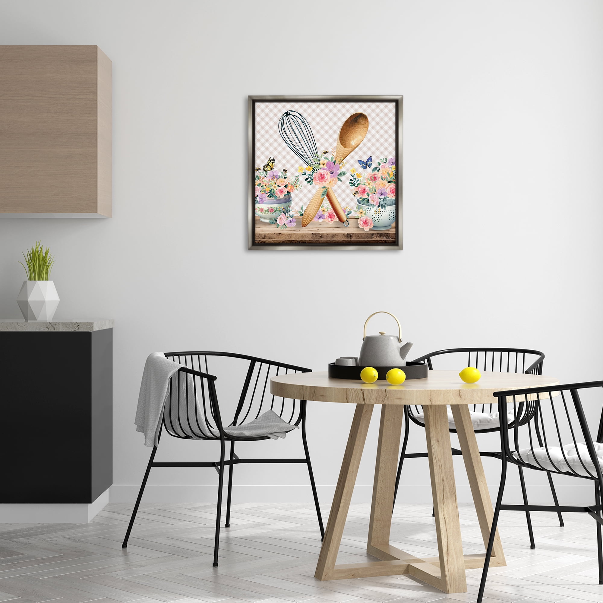 Stupell Industries Crossed Utensils on Gingham Food & Beverage Painting Gray Floater Framed Canvas Art Print Wall Art, 25 x 25
