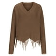 thumbnail image 4 of Htigea Womens Off the Shoulder Sweater Solid V Neck Long Sleeve Loose Knitted Pullover Ripped Crop Top Brown M, 4 of 6