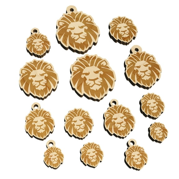 Regal Lion Head Wood Mini Charms Shapes DIY Craft Jewelry - With Hole - Various Sizes (16pcs)