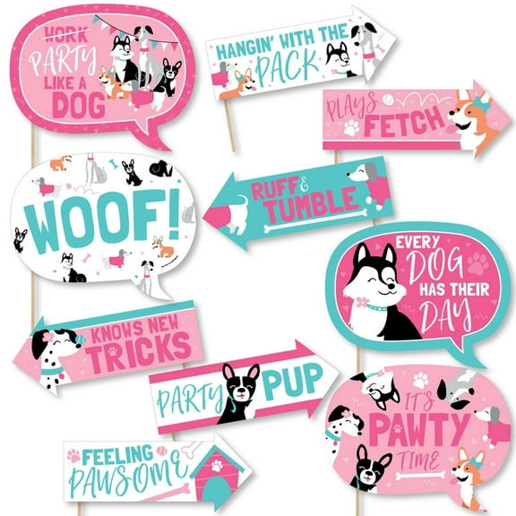 Big Dot of Happiness Funny Pawty Like a Puppy Girl - Pink Dog Baby Shower or Birthday Party Photo Booth Props Kit - 10 Piece