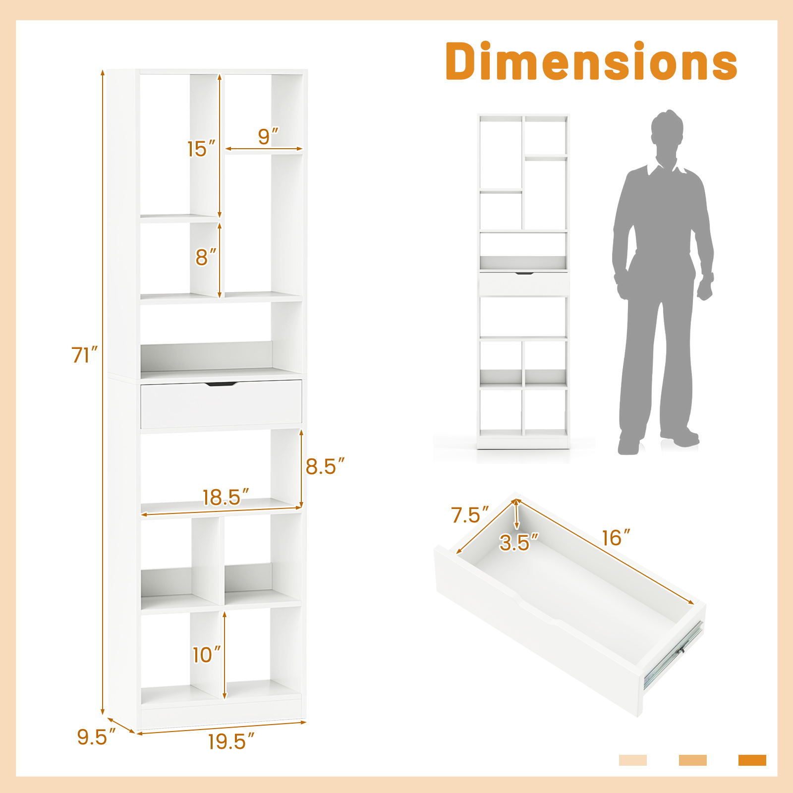 Gymax 71'' Tall Bookcase w/ Drawer Modern Bookshelf w/ 10 Open Cubes Display Rack