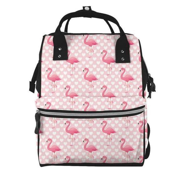 Ratiio Cute Flamingo with Heart Mummy Backpack - Waterproof Twill Canvas, Large Capacity Diaper Bag with Multiple Pockets and Adjustable Straps