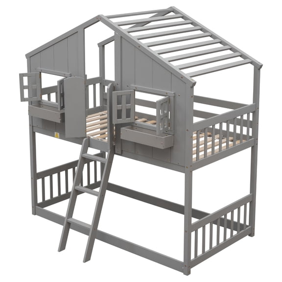Twin Over Twin House Bunk Bed with Window and Door, Pine Wood Bunk Bed Frame with Safety Guardrails and Ladder