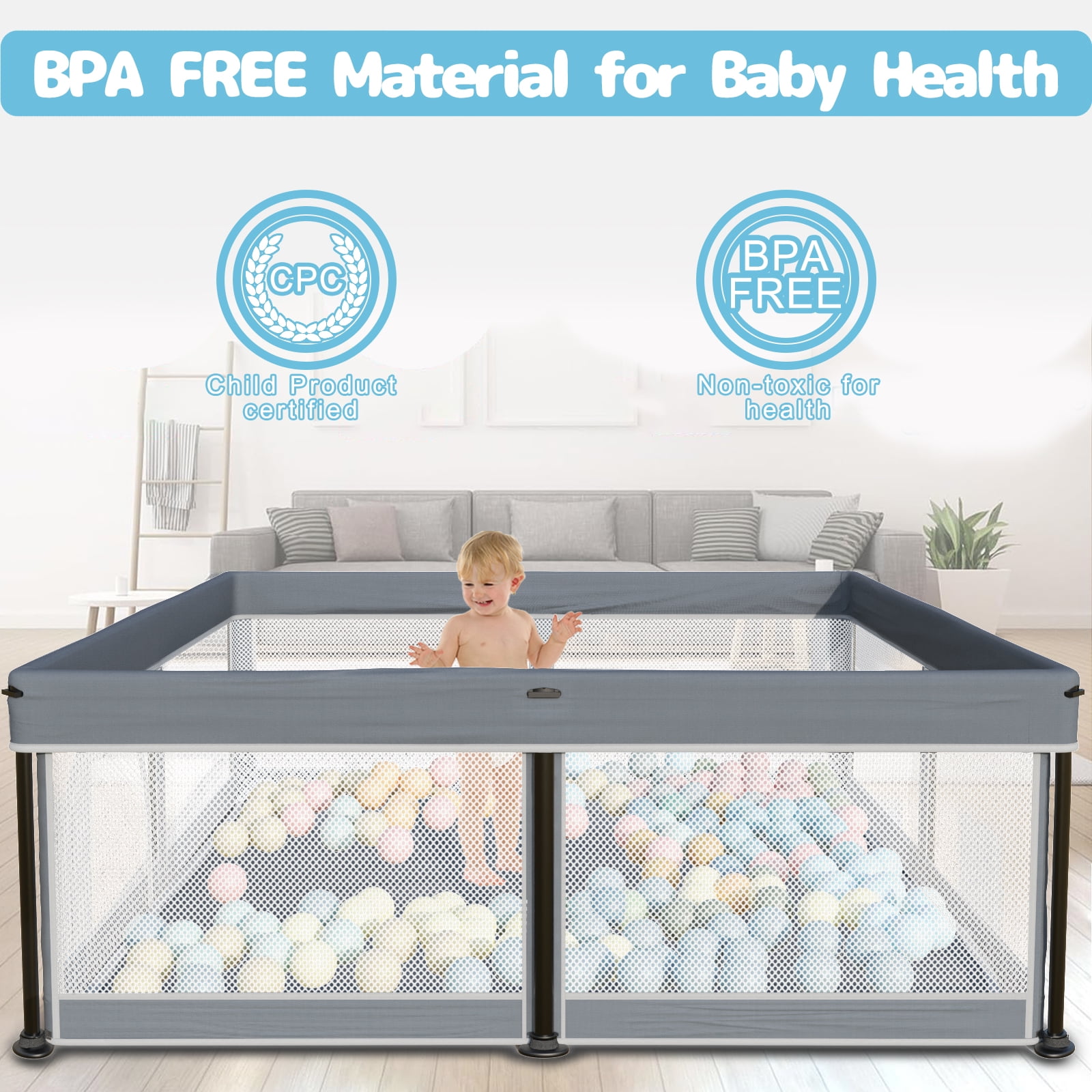 G TALECO GEAR Baby Playpen with Mat, Foldable Playpen for Babies and Toddlers, Portable Travel Play Yard, 50"x50", Gray