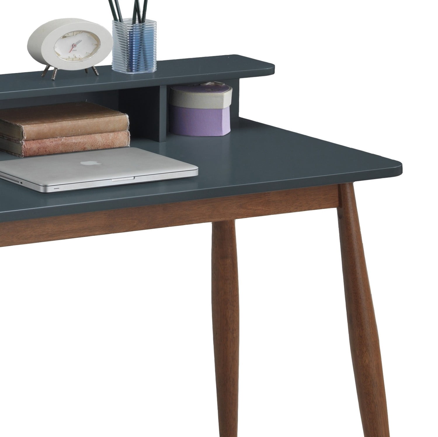Mid-Century Modern Writing Desk with Hutch, 43" Home Office Desk with 3 Shelves Storage for Study Bedroom Computer Desk, Grey