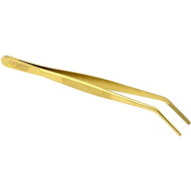 O'Creme Stainless Steel Precision Kitchen Culinary 8 Inch Tweezer Tongs (8" Curved, Gold)