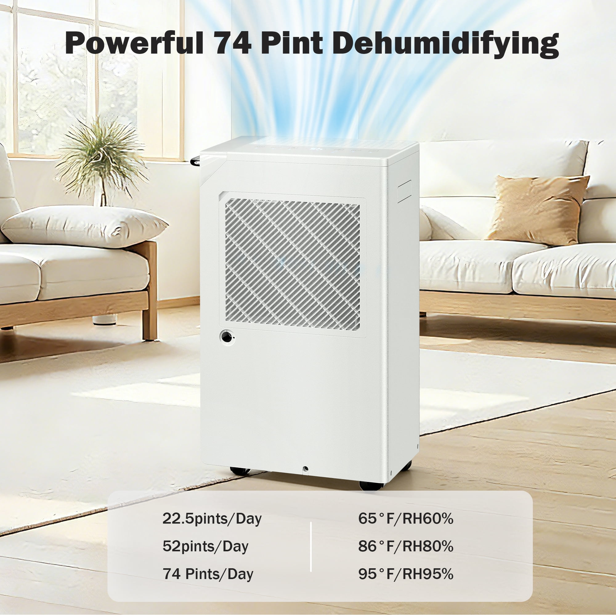 Dehumidifier for Basement & Home, Max 74 Pints, 5000 Sq.ft, Auto Shut Off, Dehumidifier with Drain Hose for Bathroom, Large Room, Garage(White Display)