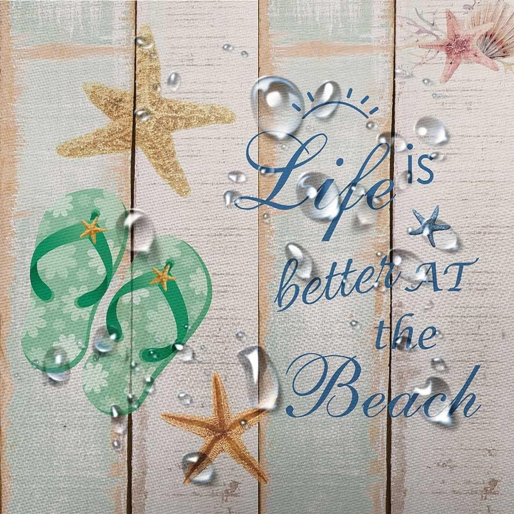 Beach Shower Curtain, Starfish Flip Flops and Life is Better at The Beach Word on Rustic Wooden Board Shower Curtain, Summer Coastal Fabric Bathroom Curtain Farmhouse Decor 12PCS Hooks, 70X70IN