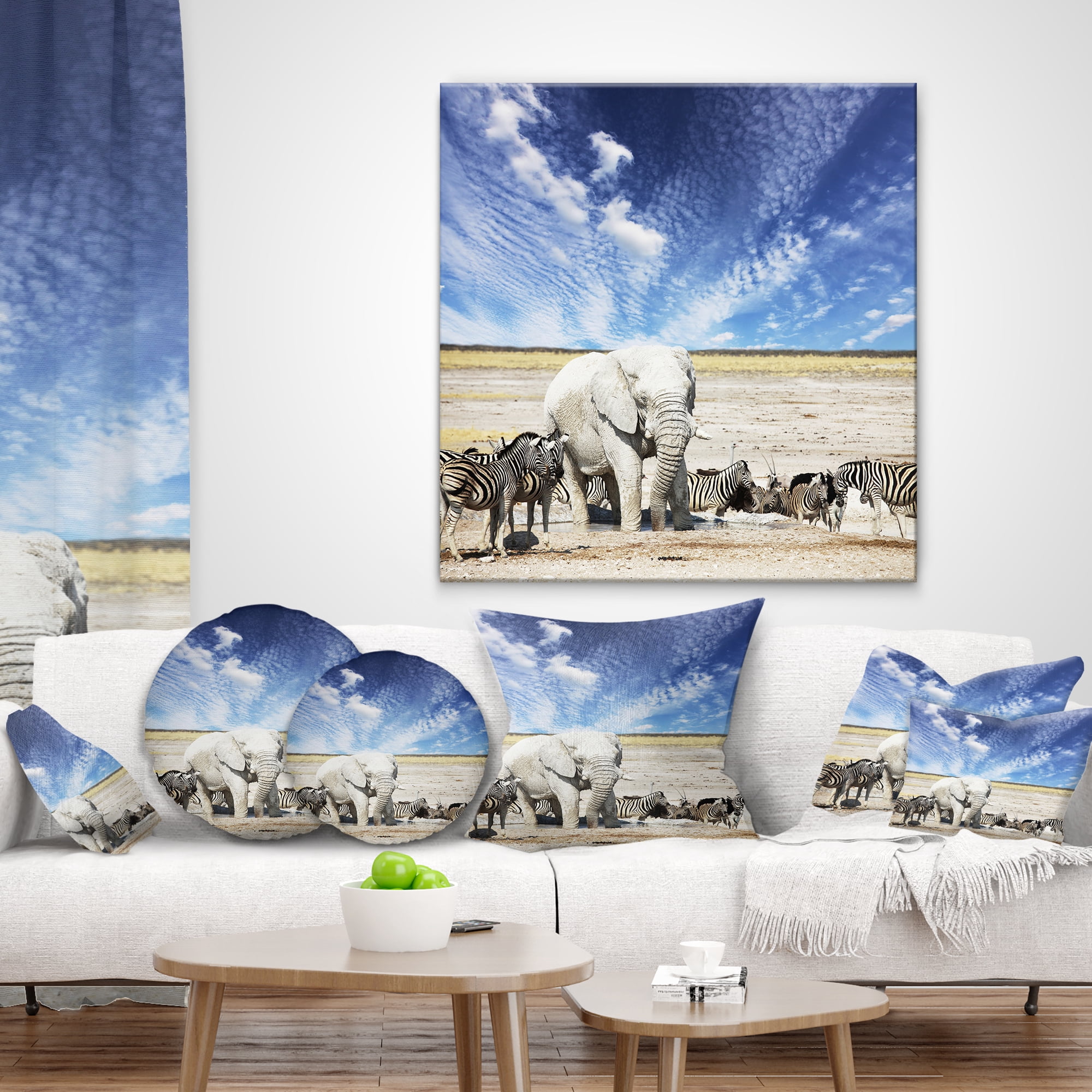 Designart Huge White Elephant and Zebras - Abstract Throw Pillow - 18x18