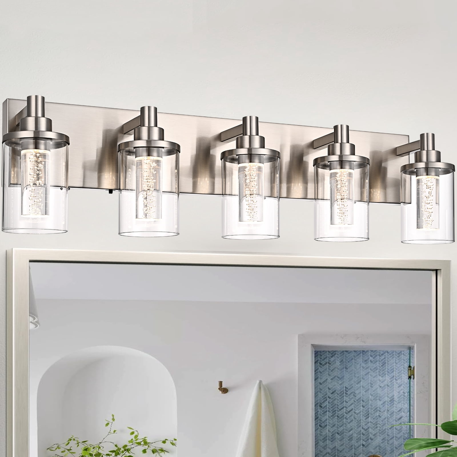 Melucee 5CCT Dimmable LED Brushed Nickel Vanity Lights 5-light, Modern Vanity Lighting Fixtures with Crystal Light Columns and Clear Glass for Bathroom Bedroom