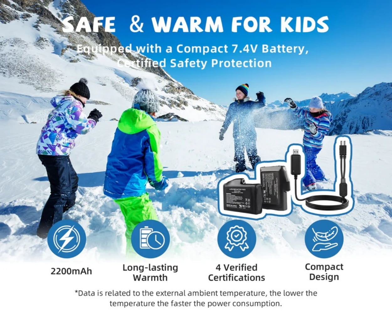 SNOWYES Kids Heated Ski Gloves, 3-Heat Settings, Rechargeable, Water Resistant, Windproof, Ideal for Skiing, Snowball Fights, Cycling