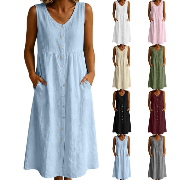 Horkkom Sleeveless Dress for Women Summer V Neck Button Tank Maxi Dresses Casual Beach Dresses with Pockets L