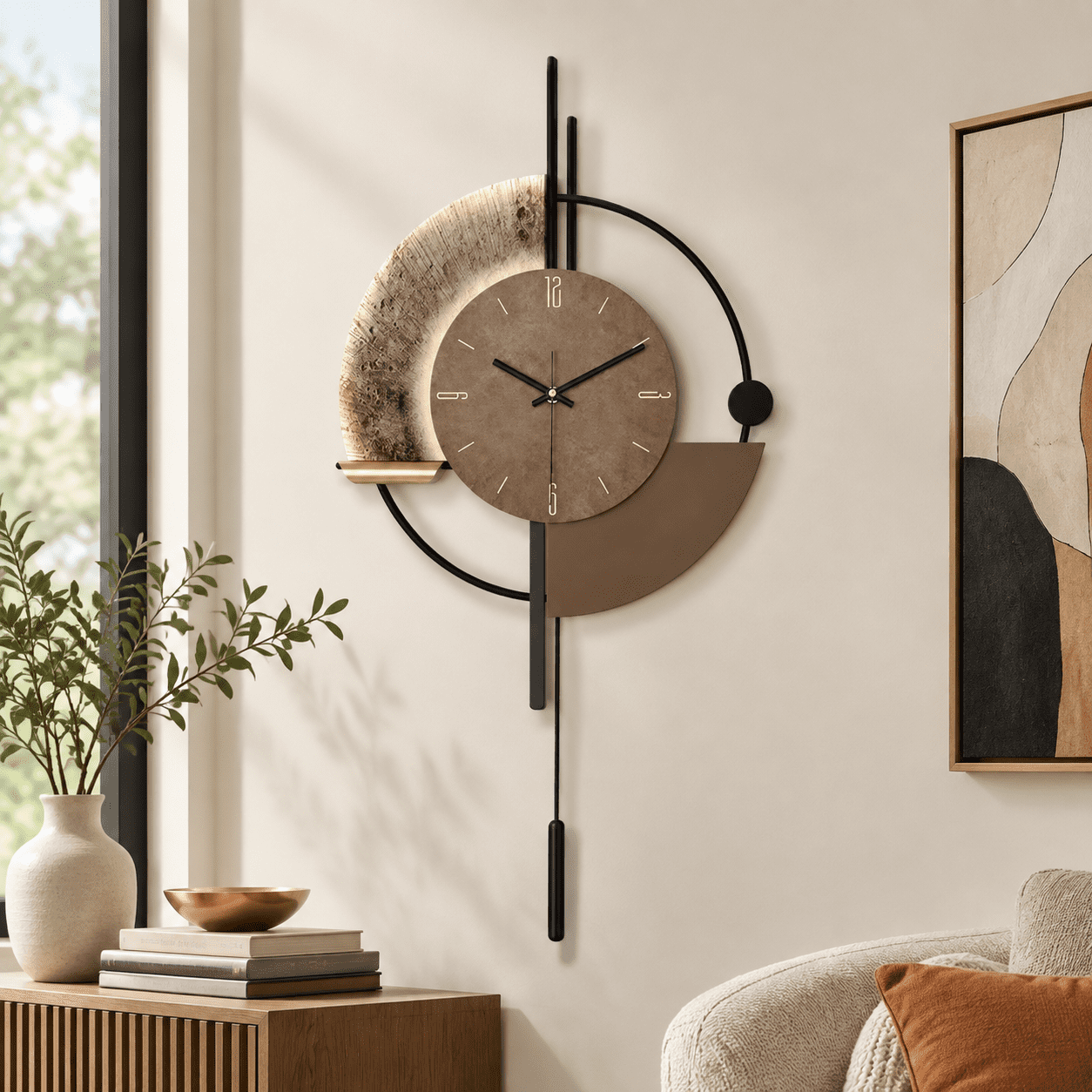 2516-dark-brown Decorative Pendulum Wall Clock, Iron and Wood, Large for Home Living Room Decor