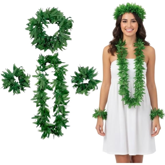 PMU Luau Tropical Fern Leaf Lei 3 Sets (12pcs) Green Wearable (Head, 2 Wrists and Necklace) Party Costume