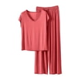 thumbnail image 2 of QUNYINEY 2 Piece Pajama Set Women Red Comfy Cotton Short Sleeve Top And Pants V Neck Casual Ladies Loungewear Sets, 2 of 6