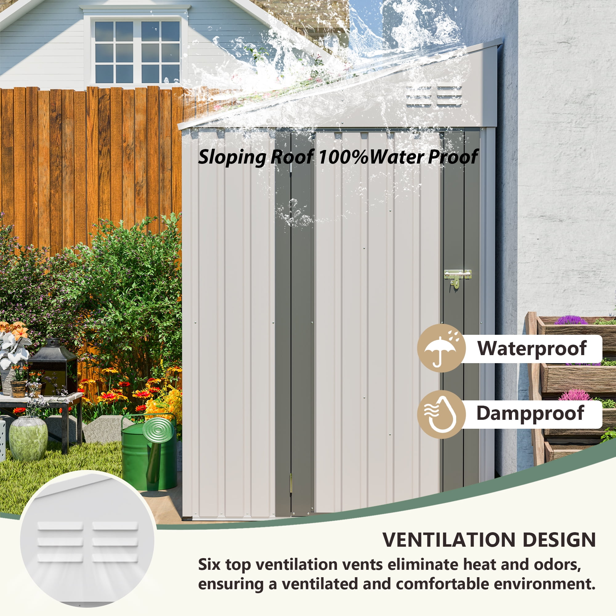 LZBEITEM 7 x 4 ft Outdoor Metal Storage Shed Lean to, Small Metal Wall Side Door Sheds & Garden Tool Shed for Garden, Backyard, White